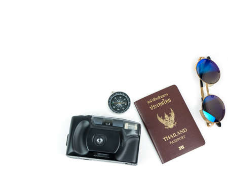 Travel concept with accessories and passport isolated on white background.の写真素材