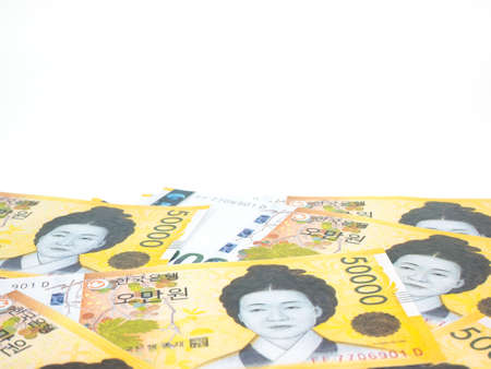 South Korea 50000 won banknote currency close up macro isolated on white background, Korean money.の写真素材