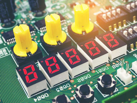 High tech electronic PCB (Printed circuit board) with microchips processor technology.の写真素材