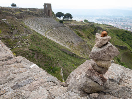 The Hellenistic Theatre Theater with Temple of Dionysus below and Acropolis of Pergamon above in...