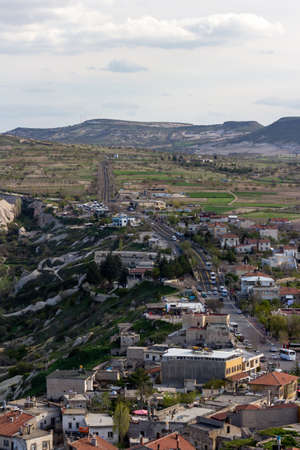 A view across the Cappadocia region of turkey from the Uchisar castle atop the small town in Turkey.のeditorial素材