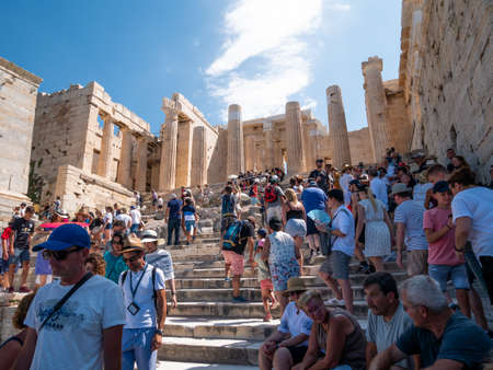 ATHENS, GREECE JULY. 30, 2019 The Acropolis of Athens is always crowded - this is the most visited monument of antiquity in Greece.のeditorial素材