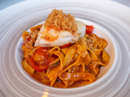 Grilled lobster with Pasta in plate, Mediterranean cuisine.の写真素材