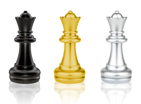 The black, gold and silver Queen Chess pieces battle isolated on white backgroundの写真素材