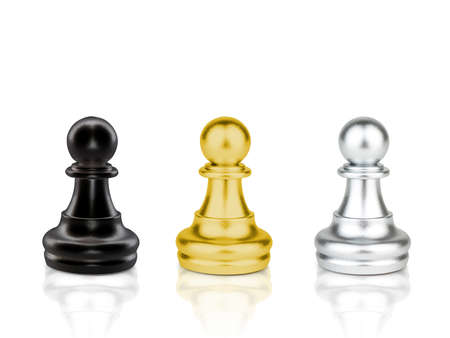 The black, gold and silver Pawn Chess pieces battle isolated on white backgroundの写真素材