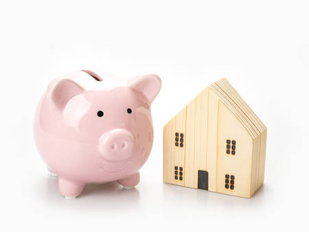 Piggy bank, Home loans saving with financial planning concept, Isolated on white background.の写真素材