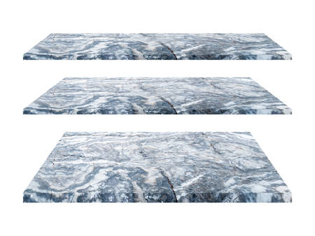 Empty gray marble stone shelf isolated on white backgroundの写真素材