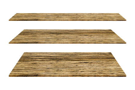 Empty vintage wooden shelf isolated on white backgroundの写真素材
