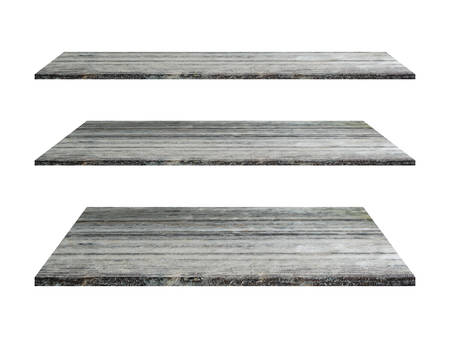 Empty gray marble stone shelf isolated on white backgroundの写真素材