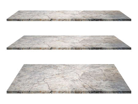 Empty gray marble stone shelf isolated on white backgroundの写真素材