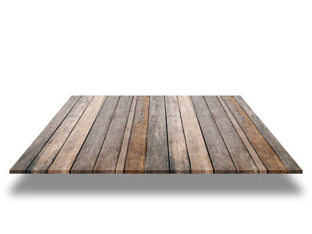 Empty vintage wooden shelf isolated on white backgroundの写真素材