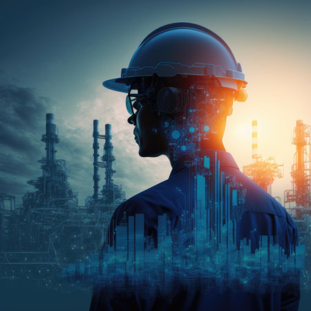 Asian engineer smart industry background, sustainable power saving energy management smart factory technology, oil and gas plant background, Generative AIの写真素材