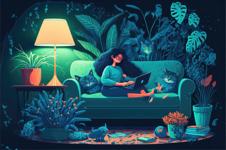 Brunette woman with a laptop sitting on a sofa late at night. Abstract concept art lazy sedentary lifestyle of a young freelancer working from home with cat, plants. 3d illustration on blue background, Generative AIの写真素材