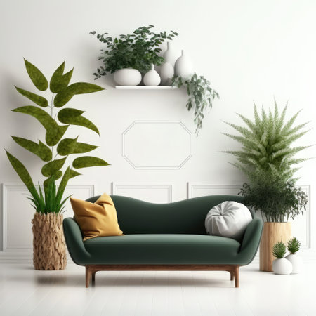 Empty living room wall mockup with green velvet sofa, pillow, snake plant in basket and leaves in wooden vase on blank white interior background. Illustration, 3d, Generative AIの写真素材