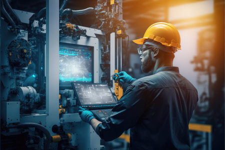 Manager engineer check and control automation robot arms machine in intelligent factory industrial on monitoring system software. Welding robotics and digital manufacturing operation, Generative AIの写真素材
