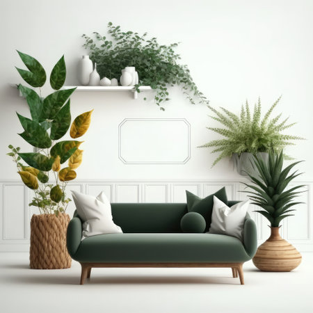 Empty living room wall mockup with green velvet sofa, pillow, snake plant in basket and leaves in wooden vase on blank white interior background. Illustration, 3d, Generative AIの写真素材