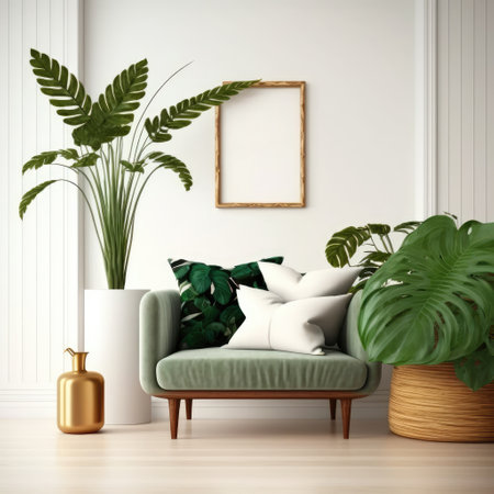 Empty living room wall mockup with green velvet sofa, pillow, snake plant in basket and leaves in wooden vase on blank white interior background. Illustration, 3d, Generative AIの写真素材