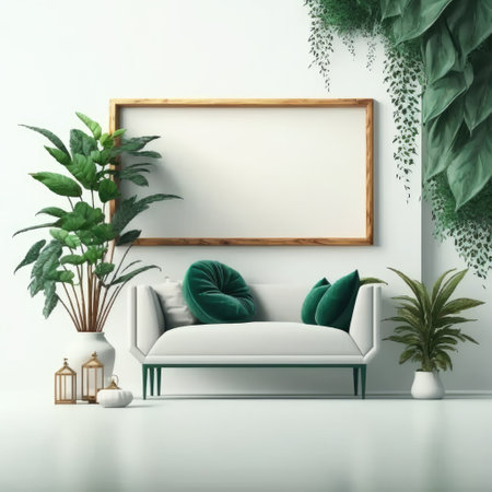 Empty living room wall mockup with green velvet sofa, pillow, snake plant in basket and leaves in wooden vase on blank white interior background. Illustration, 3d, Generative AIの写真素材