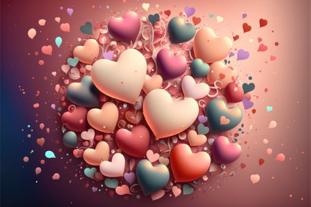 Festive romantic background with balloons hearts and confetti Valentine's Day or Merry Christmas and Happy New Year greetings, Generative AIの写真素材