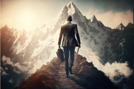 Business concept with business man walking to mountain to goal, Generative AIの写真素材