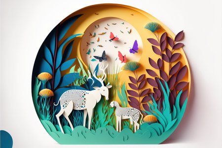 abstract paper cut illustration of colorful paper art easter rabbit, grass, flowers and blue egg shape, White background, Generative AIの写真素材
