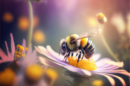 Bee Pollination theme with beautiful flower field, Generative AIの写真素材