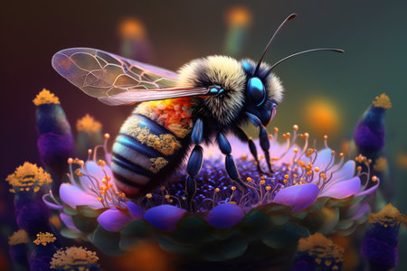 Bee Pollination theme with beautiful flower field, Generative AIの写真素材
