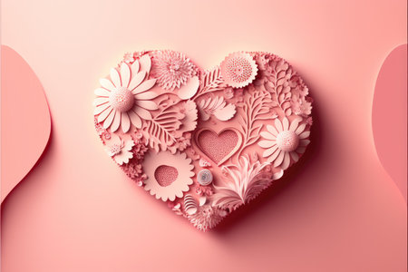 Beautiful Valentine's Day Background with Pink Love Heart. Paper Cut Flowers Design with copy-space, Generative AIの写真素材