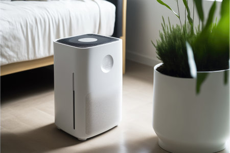 Air purifier in cozy white living room for filter and cleaning removing dust PM2.5 HEPA and virus in home, Generative AIの写真素材