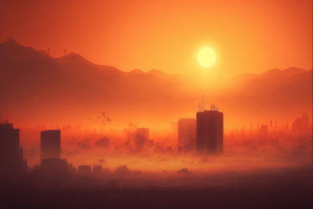 Air pollution. Smog and fine dust of pm2.5 covered city in the morning with orange sunrise sky. Cityscape with polluted air. Dirty environment., Generative AIの写真素材