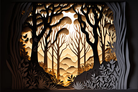Background with landscape of a beautiful fairy tale tropical forest and wild animals, paper, cut out and colored cardboard, Generative AIの写真素材