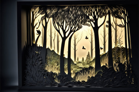 Background with landscape of a beautiful fairy tale tropical forest and wild animals, paper, cut out and colored cardboard, Generative AIの写真素材