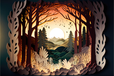 Background with landscape of a beautiful fairy tale tropical forest and wild animals, paper, cut out and colored cardboard, Generative AIの写真素材