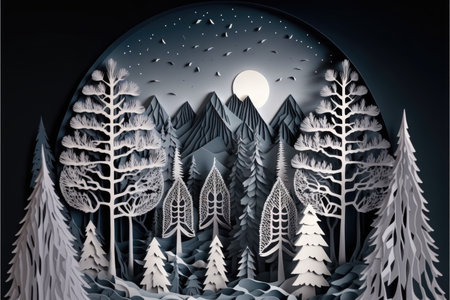 Merry christmas,Snow forest. pines in winter and mountain Paper cut walkingâ€‹ Illustration,...