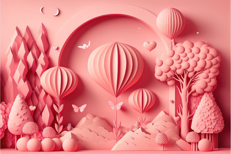 Valentine's day or marriage illustration with heart balloons and clouds, 3D paper cut style, Generative AIの写真素材