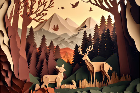 Background with landscape of a beautiful fairy tale tropical forest and wild animals, paper, cut out and colored cardboard, Generative AIの写真素材