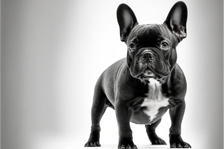 French bulldog puppy on a gray background. Black and white photo.の写真素材