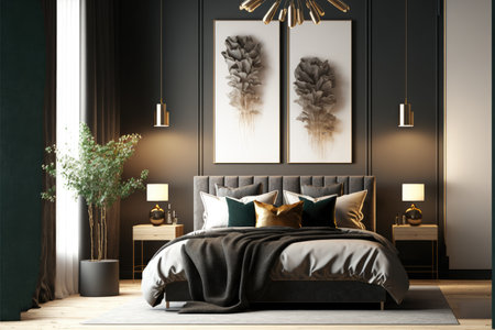 Interior of modern bedroom with black walls, carpet on the floor, comfortable king size bed with gold pillows and two posters hanging above it. 3d renderingの写真素材