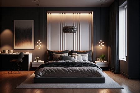 3d rendering luxury bedroom in classic style with black walls and wooden floorの写真素材
