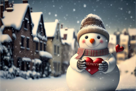 Snowman holding a heart. Valentines day snowman. Winter valentines day background. I love you card. Generative AIの写真素材