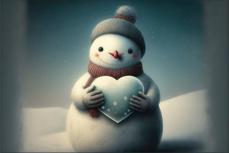 Snowman holding a heart. Valentines day snowman. Winter valentines day background. I love you card. Generative AIの写真素材