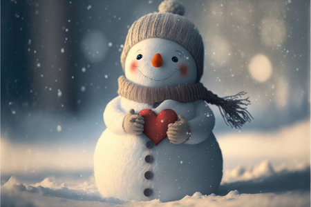 Snowman holding a heart. Valentines day snowman. Winter valentines day background. I love you card. Generative AIの写真素材