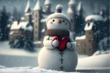 Snowman holding a heart. Valentines day snowman. Winter valentines day background. I love you card. Generative AIの写真素材