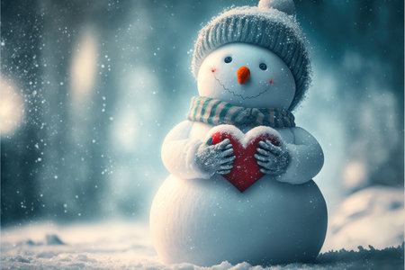 Snowman holding a heart. Valentines day snowman. Winter valentines day background. I love you card. Generative AIの写真素材