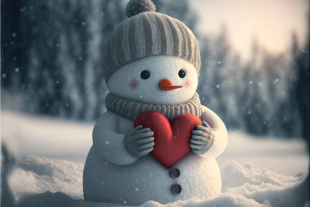 Snowman holding a heart. Valentines day snowman. Winter valentines day background. I love you card. Generative AIの写真素材