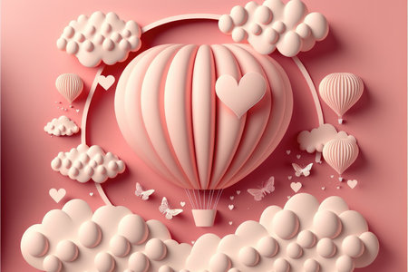 Valentine's day or marriage illustration with heart balloons and clouds, 3D paper cut style, Generative AIの写真素材
