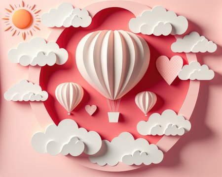Valentine's day or marriage illustration with heart balloons and clouds, 3D paper cut style, Generative AIの写真素材
