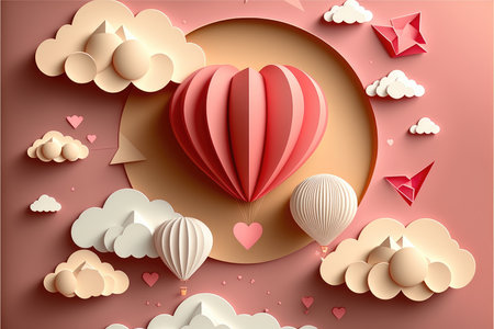 Valentine's day or marriage illustration with heart balloons and clouds, 3D paper cut style, Generative AIの写真素材
