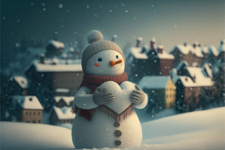Snowman holding a heart. Valentines day snowman. Winter valentines day background. I love you card. Generative AIの写真素材