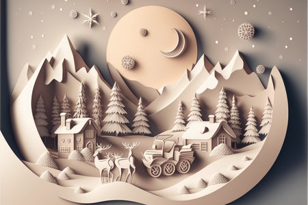 santa claus drive of Christmas and happy new year Paper art design with cityscape and fireworks celebration conceptの写真素材